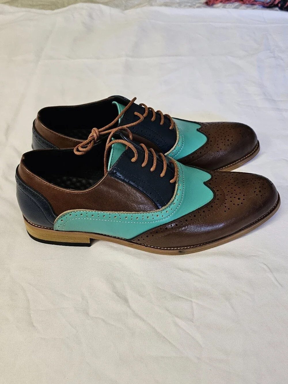 Unique Tri-Tone Faux Leather Lace Up Brogue Oxford Shoes Wingtip Loafers NEW
